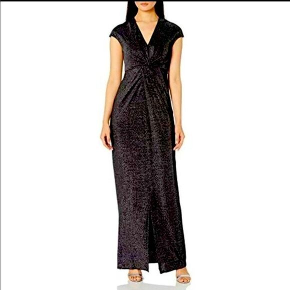 Halston Heritage Sparkle Stretch Metallic Twist Front Gown Long Dress